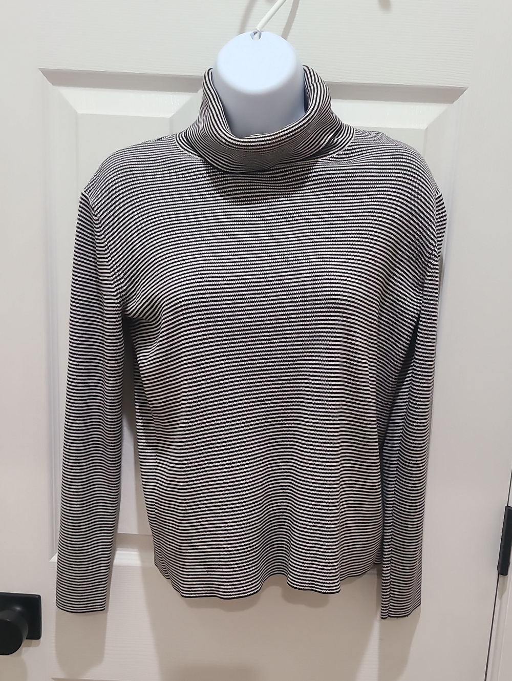 Men's Black and White Striped Turtleneck Sweater